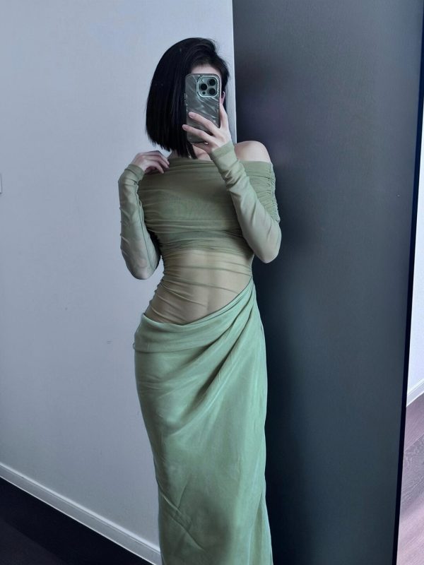 One-Shoulder Spicy Sexy Mesh Dress with Waist-Showing Design â€“ Slightly Sheer Long Skirt, Trendy Korean Style for a Bold Look
