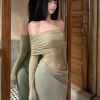 One-Shoulder Spicy Sexy Mesh Dress with Waist-Showing Design â€“ Slightly Sheer Long Skirt, Trendy Korean Style for a Bold Look