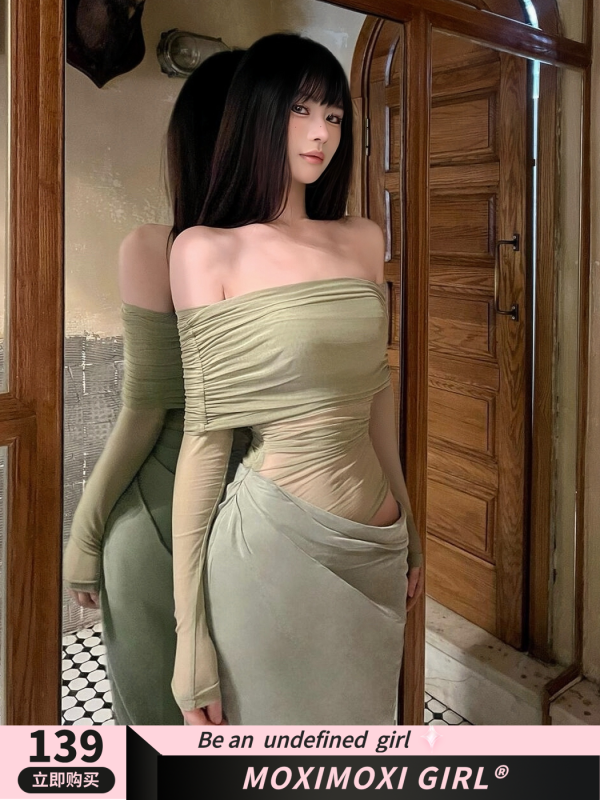 One-Shoulder Spicy Sexy Mesh Dress with Waist-Showing Design â€“ Slightly Sheer Long Skirt, Trendy Korean Style for a Bold Look