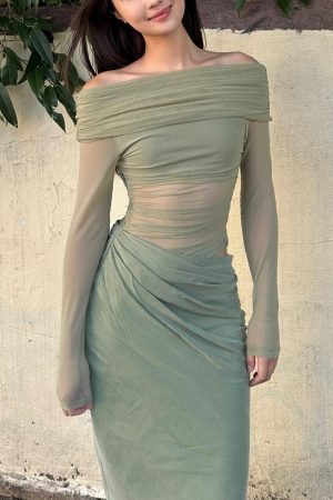 One-Shoulder Spicy Sexy Mesh Dress with Waist-Showing Design â€“ Slightly Sheer Long Skirt, Trendy Korean Style for a Bold Look