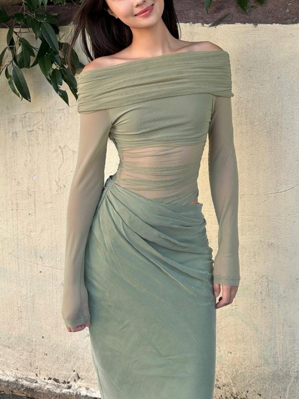 One-Shoulder Spicy Sexy Mesh Dress with Waist-Showing Design â€“ Slightly Sheer Long Skirt, Trendy Korean Style for a Bold Look