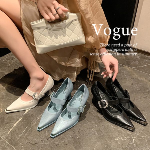 One-Strap Metallic Pointed High Heels for Women - French Rhinestone Mary Jane Shoes, Gentle Style, Elegant Footwear