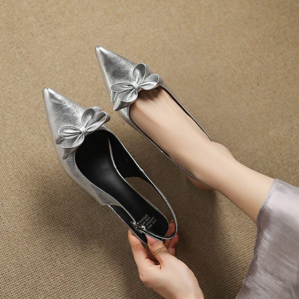 Open-Back High Heel Sandals for Women - French Pointed Toe Genuine Leather with Stunning Bow Detail