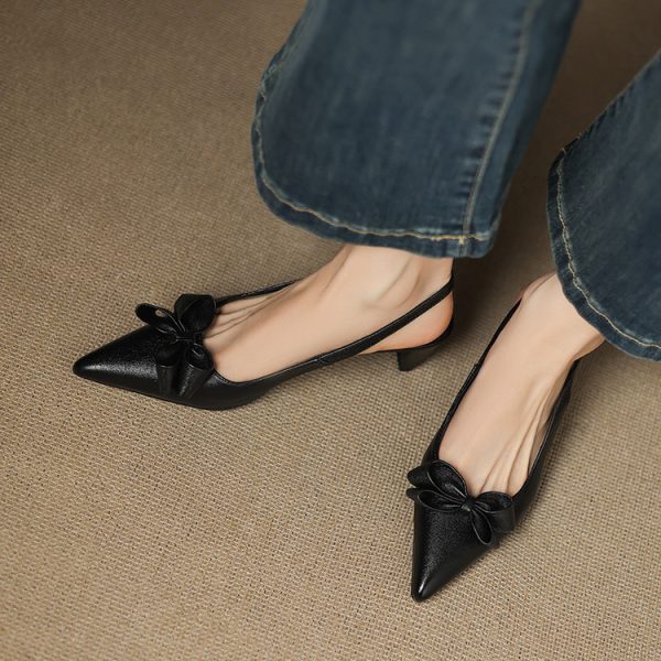 Open-Back High Heel Sandals for Women - French Pointed Toe Genuine Leather with Stunning Bow Detail