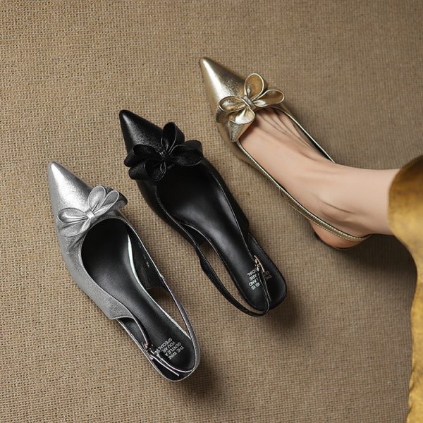 Open-Back High Heel Sandals for Women - French Pointed Toe Genuine Leather with Stunning Bow Detail
