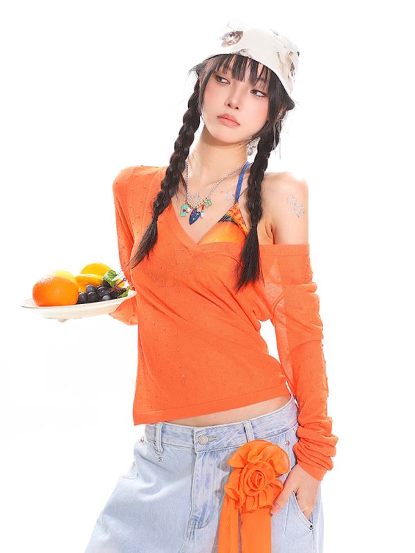 Orange Long Sleeve V-Neck Sun Protection Cover-Up for Women - Relaxed Fit Summer Top for a Casual Hot Girl Look