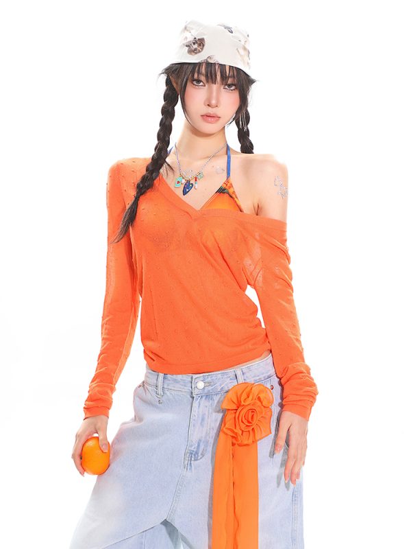 Orange Long Sleeve V-Neck Sun Protection Cover-Up for Women - Relaxed Fit Summer Top for a Casual Hot Girl Look