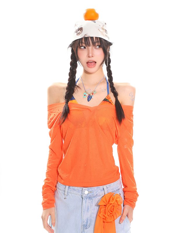 Orange Long Sleeve V-Neck Sun Protection Cover-Up for Women - Relaxed Fit Summer Top for a Casual Hot Girl Look