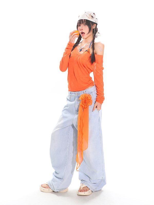 Orange Long Sleeve V-Neck Sun Protection Cover-Up for Women - Relaxed Fit Summer Top for a Casual Hot Girl Look