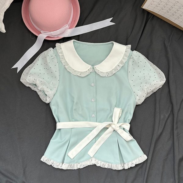 Original JK Uniform Yellow Doll Collar Top with Pudding Bear and Polka Dot Skirt Set - Women's Summer College Style