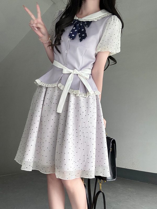 Original JK Uniform Yellow Doll Collar Top with Pudding Bear and Polka Dot Skirt Set - Women's Summer College Style