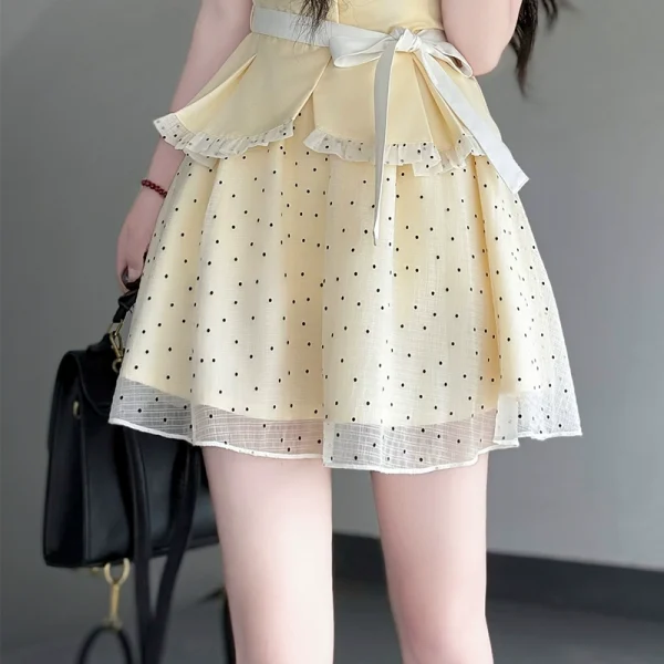 Original JK Uniform Yellow Doll Collar Top with Pudding Bear and Polka Dot Skirt Set - Women's Summer College Style