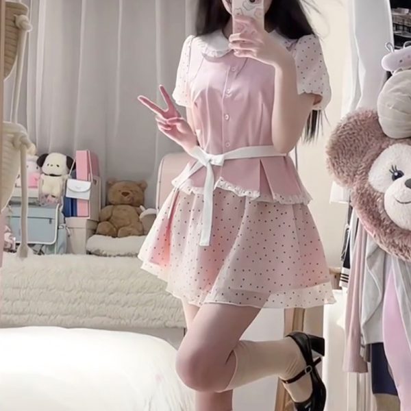 Original JK Uniform Yellow Doll Collar Top with Pudding Bear and Polka Dot Skirt Set - Women's Summer College Style