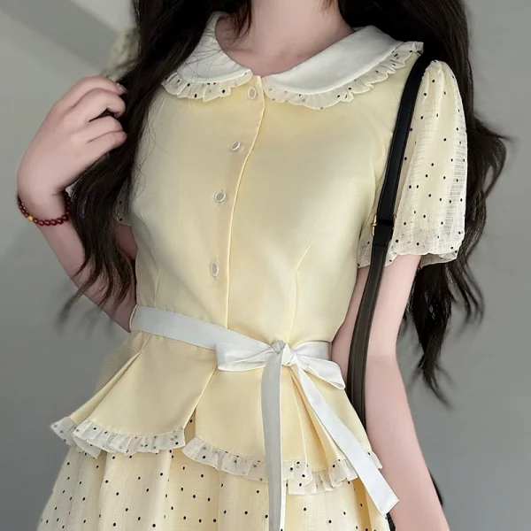 Original JK Uniform Yellow Doll Collar Top with Pudding Bear and Polka Dot Skirt Set - Women's Summer College Style