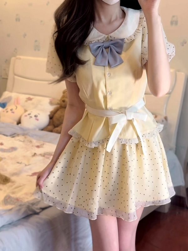 Original JK Uniform Yellow Doll Collar Top with Pudding Bear and Polka Dot Skirt Set - Women's Summer College Style