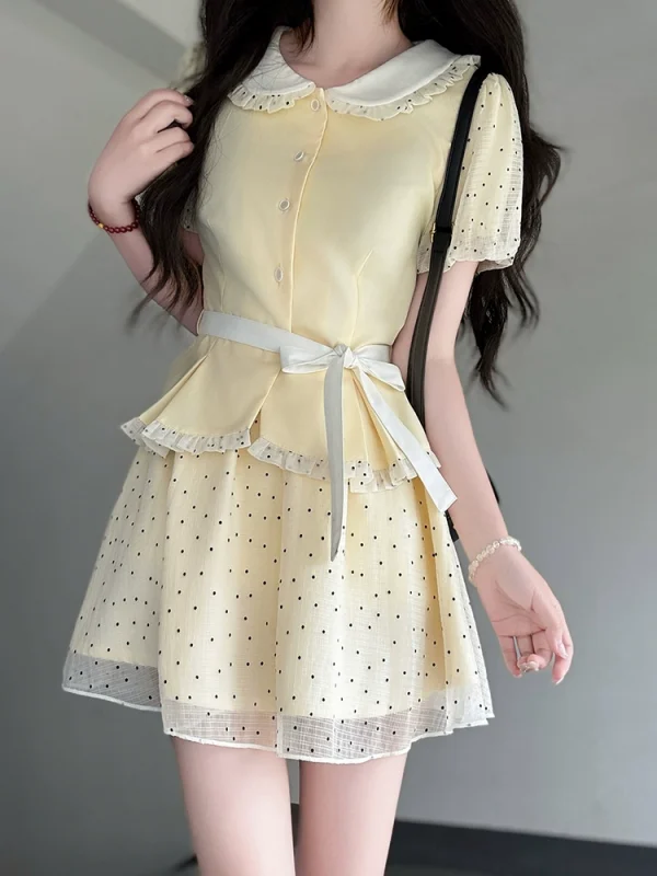 Original JK Uniform Yellow Doll Collar Top with Pudding Bear and Polka Dot Skirt Set - Women's Summer College Style