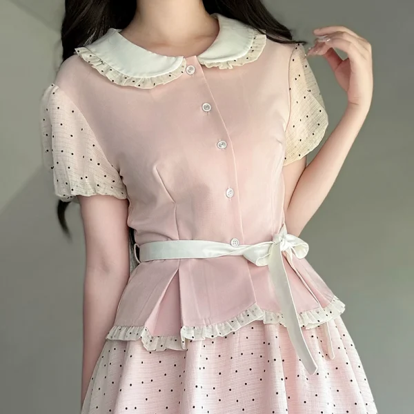 Original JK Uniform Yellow Doll Collar Top with Pudding Bear and Polka Dot Skirt Set - Women's Summer College Style