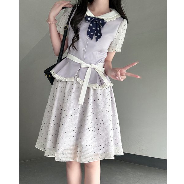 Original JK Uniform Yellow Doll Collar Top with Pudding Bear and Polka Dot Skirt Set - Women's Summer College Style