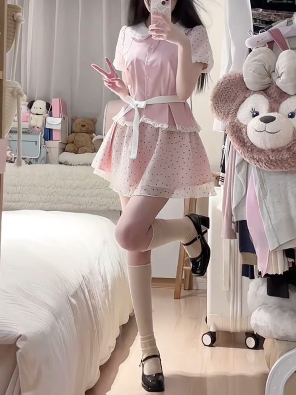 Original JK Uniform Yellow Doll Collar Top with Pudding Bear and Polka Dot Skirt Set - Women's Summer College Style