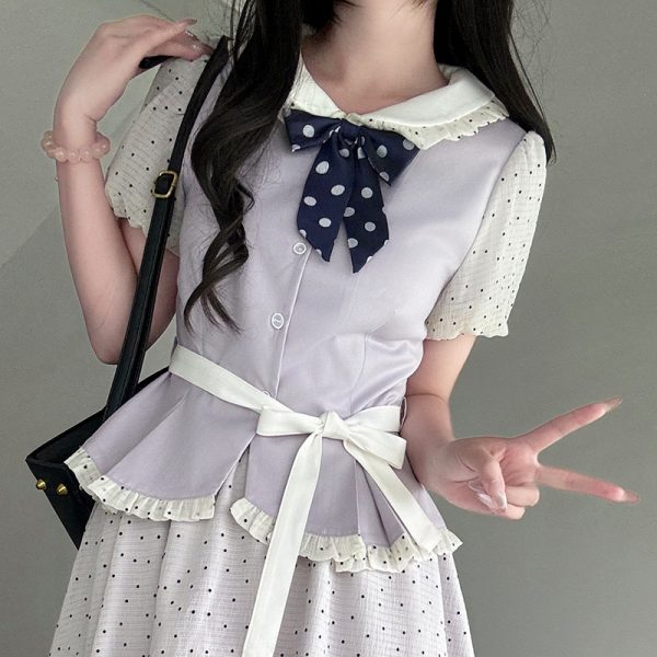 Original JK Uniform Yellow Doll Collar Top with Pudding Bear and Polka Dot Skirt Set - Women's Summer College Style