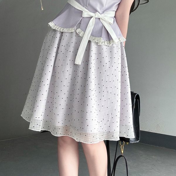 Original JK Uniform Yellow Doll Collar Top with Pudding Bear and Polka Dot Skirt Set - Women's Summer College Style