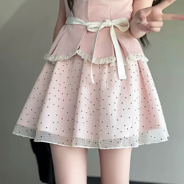 Original JK Uniform Yellow Doll Collar Top with Pudding Bear and Polka Dot Skirt Set - Women's Summer College Style