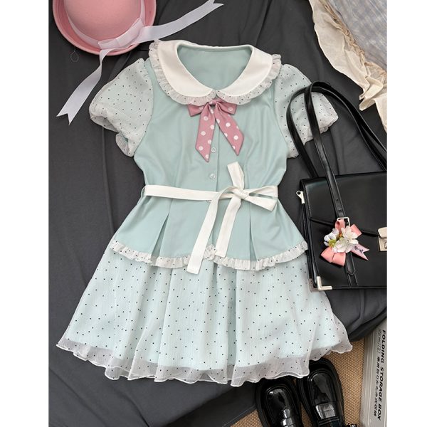 Original JK Uniform Yellow Doll Collar Top with Pudding Bear and Polka Dot Skirt Set - Women's Summer College Style