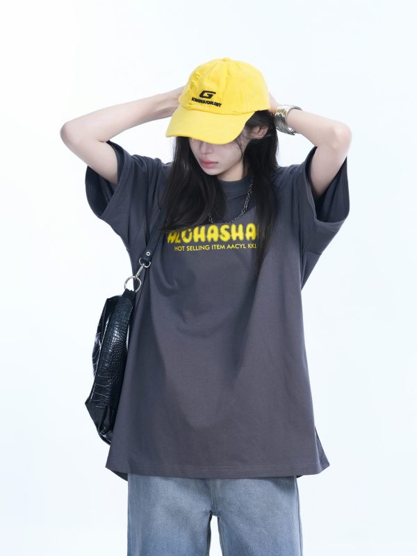 Oversized American Street Style Heavy Short-Sleeve T-Shirt for Women - Sit and Eat Until the Mountains Are Empty, Casual Y2K Fashion