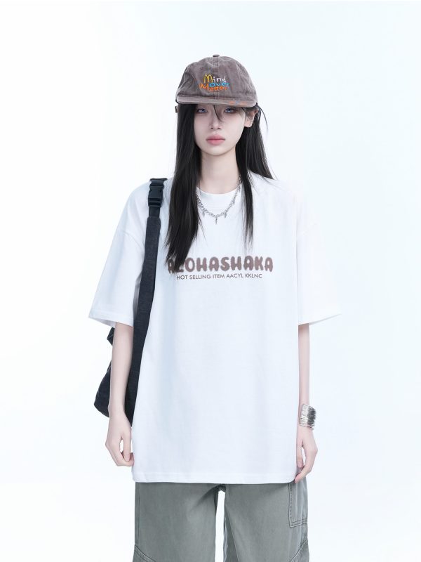 Oversized American Street Style Heavy Short-Sleeve T-Shirt for Women - Sit and Eat Until the Mountains Are Empty, Casual Y2K Fashion
