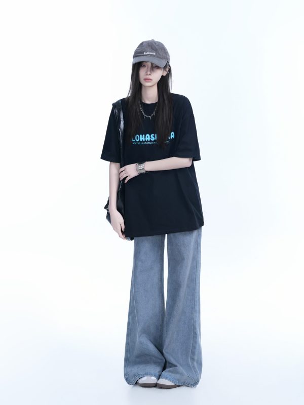 Oversized American Street Style Heavy Short-Sleeve T-Shirt for Women - Sit and Eat Until the Mountains Are Empty, Casual Y2K Fashion