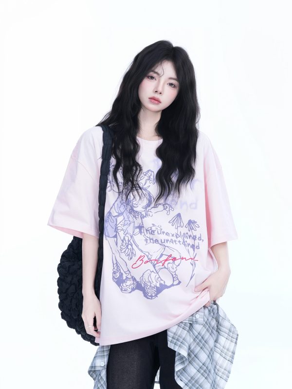 Oversized Black Short Sleeve T-Shirt for Women - American Street Style, Casual Cotton Tee with Sit and Eat Until the Mountains Are Empty Print