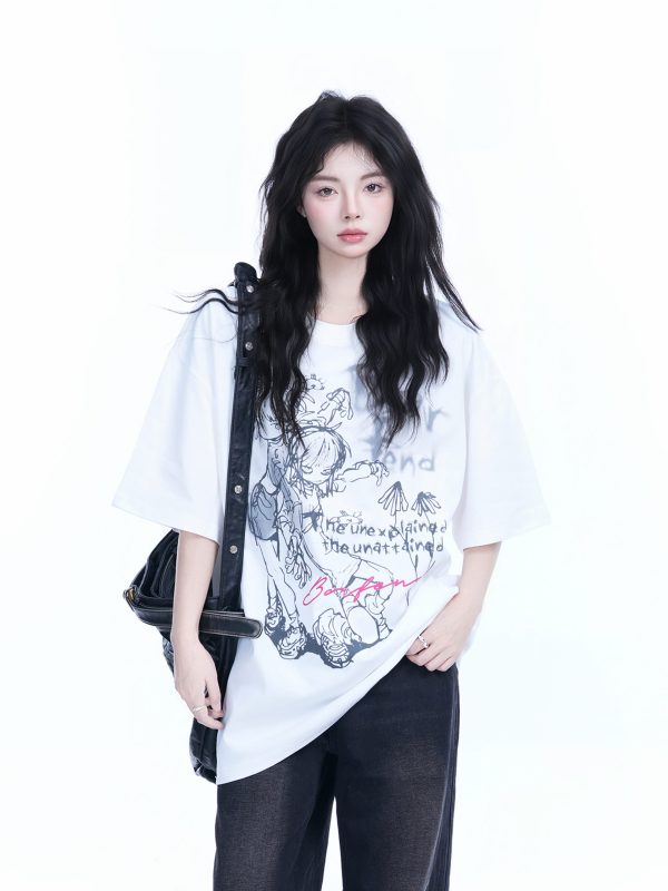 Oversized Black Short Sleeve T-Shirt for Women - American Street Style, Casual Cotton Tee with Sit and Eat Until the Mountains Are Empty Print