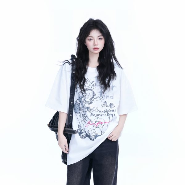 Oversized Black Short Sleeve T-Shirt for Women - American Street Style, Casual Cotton Tee with Sit and Eat Until the Mountains Are Empty Print