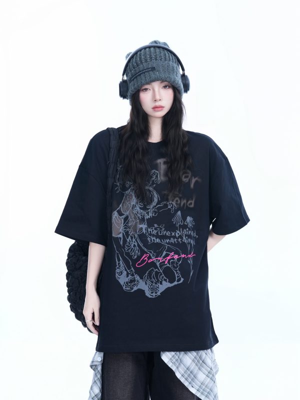 Oversized Black Short Sleeve T-Shirt for Women - American Street Style, Casual Cotton Tee with Sit and Eat Until the Mountains Are Empty Print