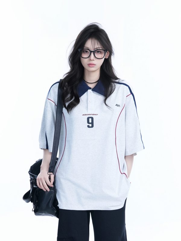 Oversized Black Short Sleeve T-Shirt for Women with American Street Style Collar and Quote, Casual Y2K Fashion Top