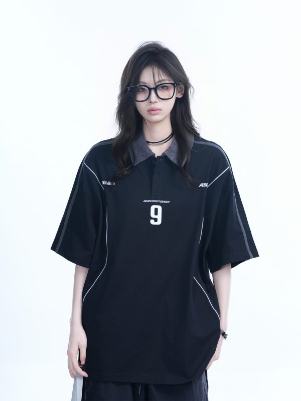 Oversized Black Short Sleeve T-Shirt for Women with American Street Style Collar and Quote, Casual Y2K Fashion Top