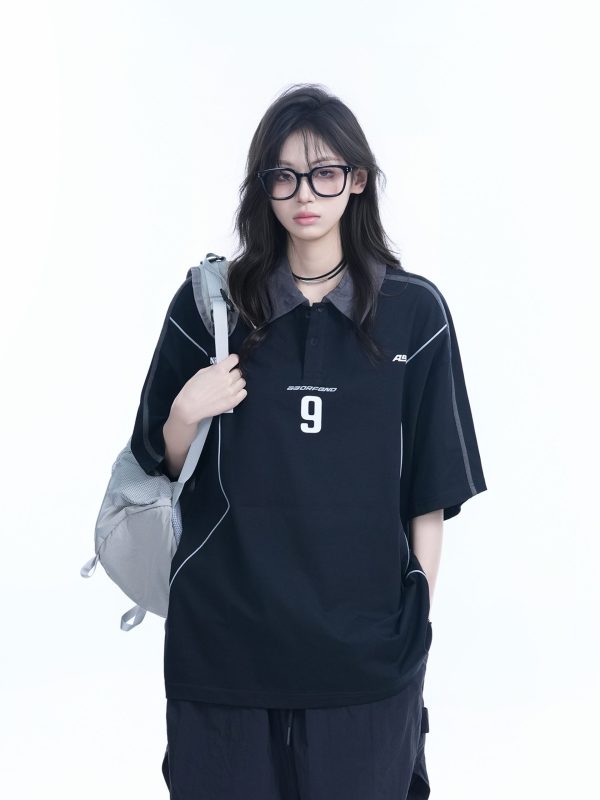 Oversized Black Short Sleeve T-Shirt for Women with American Street Style Collar and Quote, Casual Y2K Fashion Top
