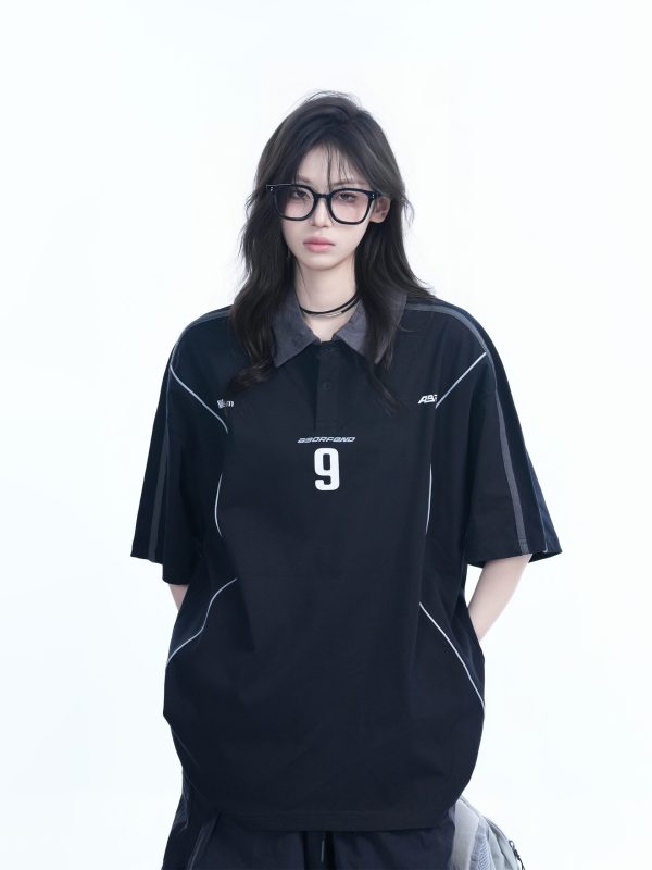 Oversized Black Short Sleeve T-Shirt for Women with American Street Style Collar and Quote, Casual Y2K Fashion Top