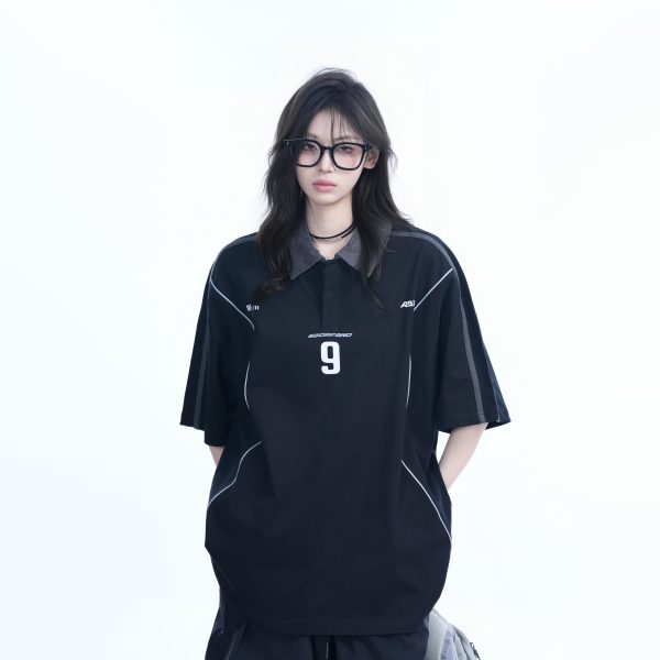 Oversized Black Short Sleeve T-Shirt for Women with American Street Style Collar and Quote, Casual Y2K Fashion Top