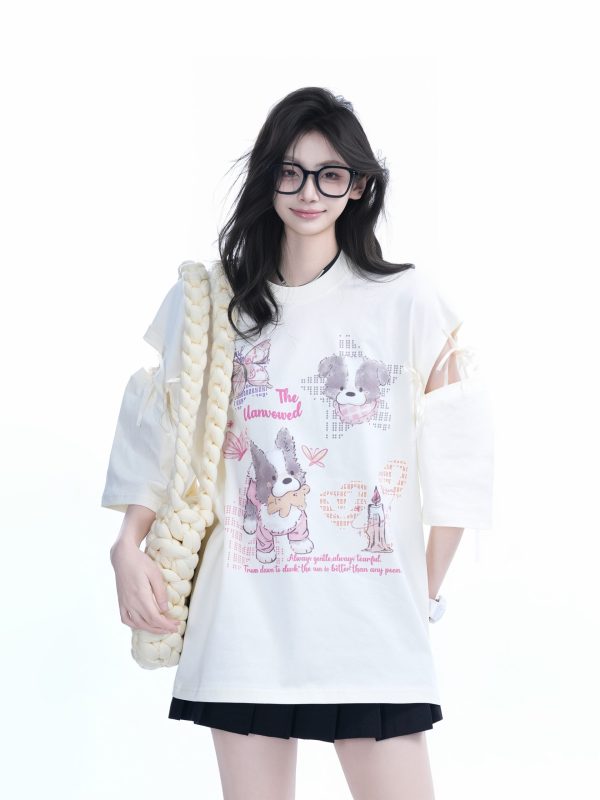 Oversized Cute Bow Half-Sleeve T-Shirt for Women - Sweet Short-Sleeve Tee with Mountain Graphic, Trendy Casual Style