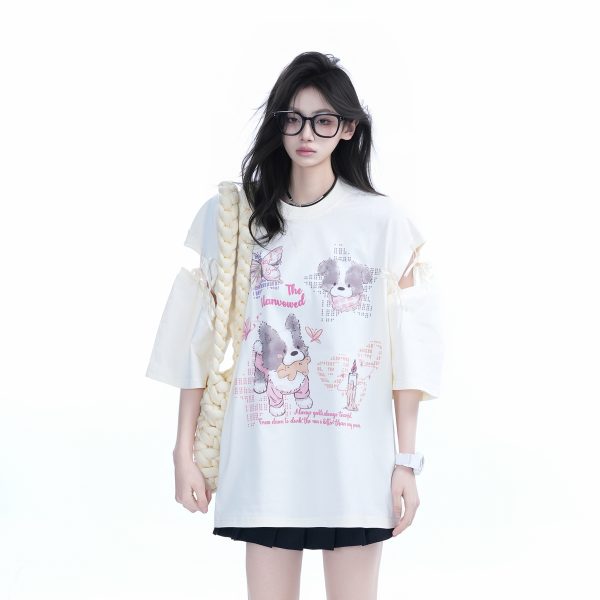 Oversized Cute Bow Half-Sleeve T-Shirt for Women - Sweet Short-Sleeve Tee with Mountain Graphic, Trendy Casual Style