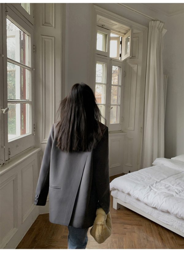 Oversized Gray Suit Jacket for Women, Loose Fit Blazer, Elegant Slimming Design, High-End Street Fashion, 2025 Spring Autumn Collection