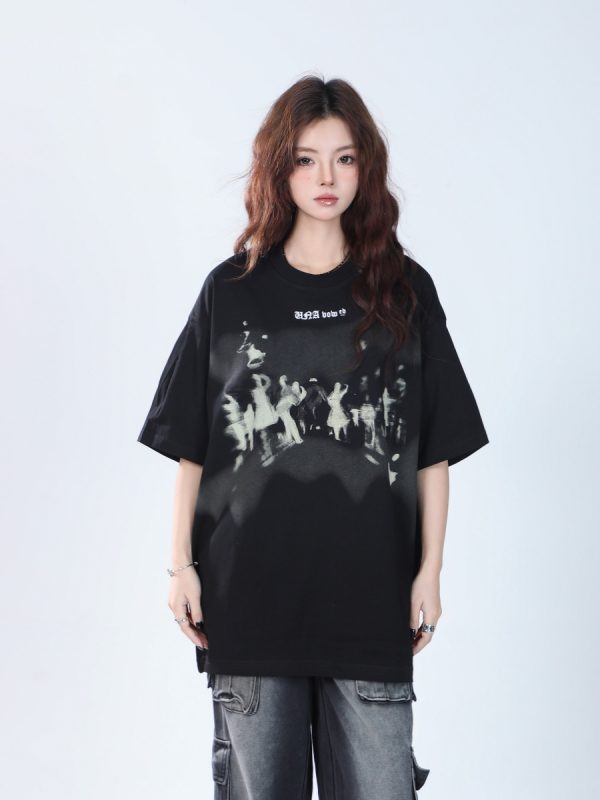 Oversized Hip Hop T-Shirt for Women - Sit and Eat Until the Mountains Are Empty European High Street Style Short Sleeve Top