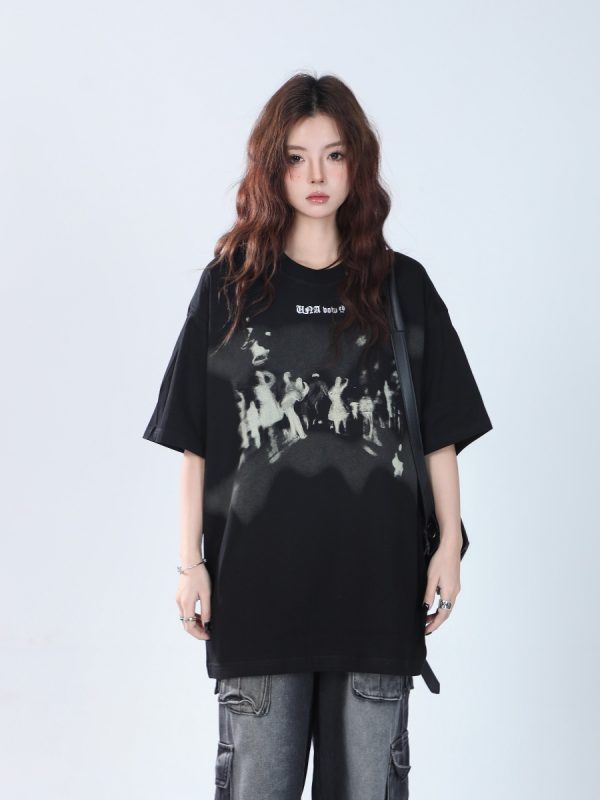 Oversized Hip Hop T-Shirt for Women - Sit and Eat Until the Mountains Are Empty European High Street Style Short Sleeve Top