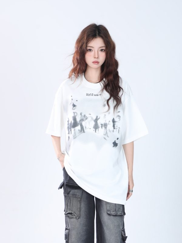 Oversized Hip Hop T-Shirt for Women - Sit and Eat Until the Mountains Are Empty European High Street Style Short Sleeve Top