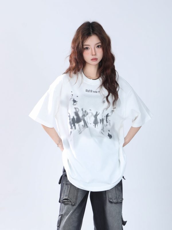 Oversized Hip Hop T-Shirt for Women - Sit and Eat Until the Mountains Are Empty European High Street Style Short Sleeve Top