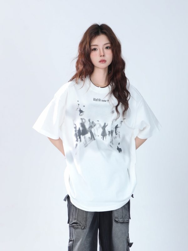 Oversized Hip Hop T-Shirt for Women - Sit and Eat Until the Mountains Are Empty European High Street Style Short Sleeve Top