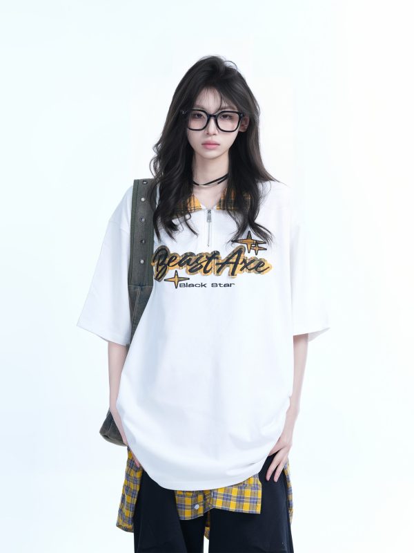 Oversized Loose Plaid Polo T-Shirt for Women - American College Style, Short Sleeve Tee with Casual Comfort and Trendy Design