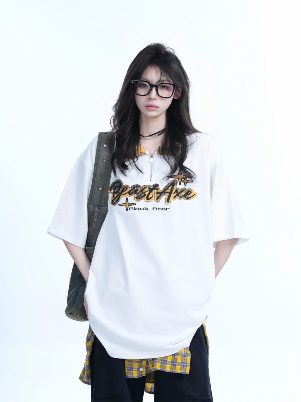 Oversized Loose Plaid Polo T-Shirt for Women - American College Style, Short Sleeve Tee with Casual Comfort and Trendy Design