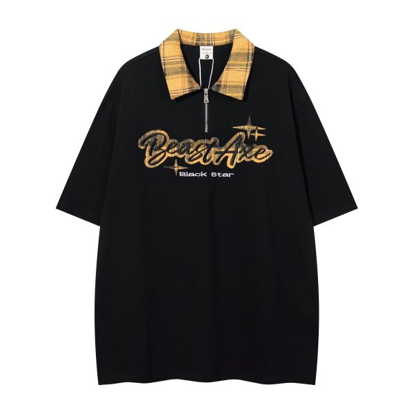 Oversized Loose Plaid Polo T-Shirt for Women - American College Style, Short Sleeve Tee with Casual Comfort and Trendy Design